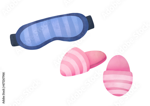 watercolor Slippers, Sleep masks set isolated on transparent background. Cartoon home warm comfortable shoes cut out. cozy accessory for comfort bedtime, deep relaxation collection. Pajama party