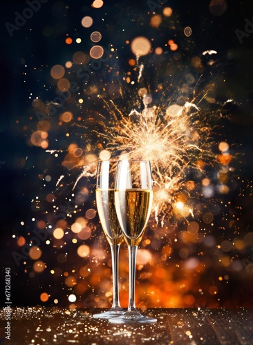 New Year background with glasses and champagne, golden serpentine and bokeh on a black background