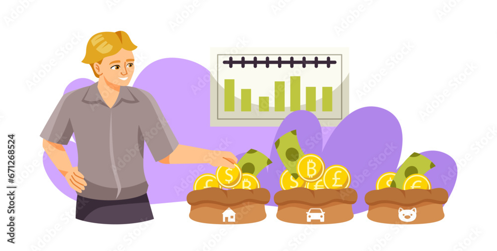 Financial literacy concept. Smiling man diversifies assets and distributes finances to different areas of life. Character invests money and manages personal budget. Cartoon flat vector illustration Financial literacy concept. Smiling man diversifies assets and distributes finances to different areas of life. Character invests money and manages personal budget. Cartoon flat vector illustration