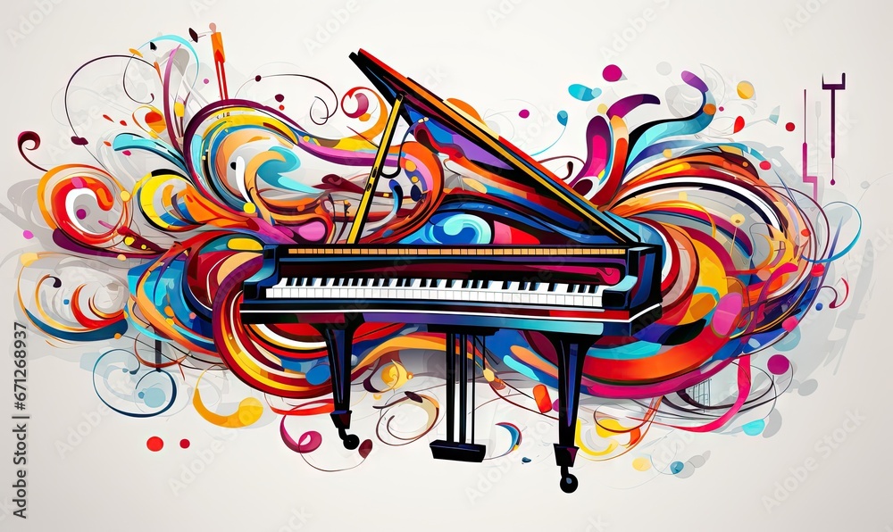 colorful musical notes flying above a colorful piano Generative AI - obrazy, fototapety, plakaty 
