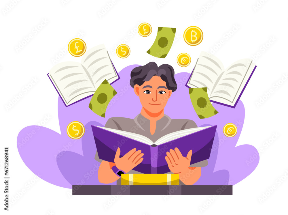 Financial literacy concept. Student reads book and learns rules of investing and saving money. Character manages personal budget and analyzes income and expenses. Cartoon flat vector illustration