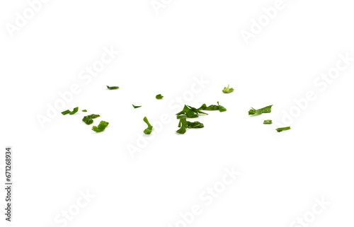 chopped fresh celery leaves isolated on white. Aromatic Spice celery leaves.