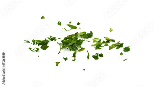 Aromatic Spice, chopped fresh celery leaves isolated on white. Aromatic Spice celery leaves.