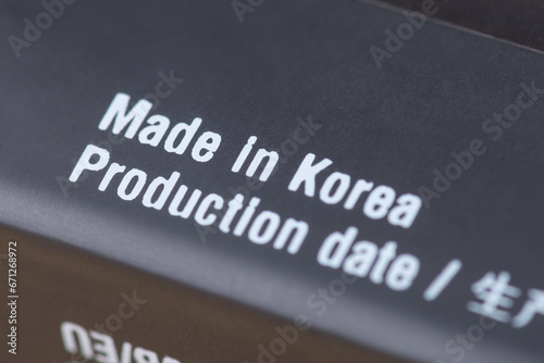Made in Korea inscription on black box. Production of goods in Korea concept