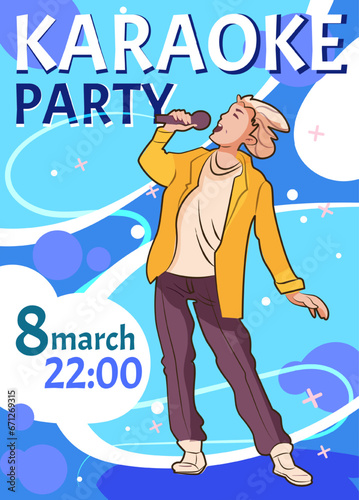 Karaoke party invitation. Young happy guy holds microphone and performs at music festival. Vocalist character sings his favorite song. Vocal event promotional flyer. Cartoon flat vector illustration