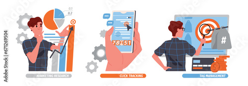 Business analysis and marketing illustrations set. Characters conduct marketing research, track clicks and manage tags. Attracting target audience. Cartoon flat vector collection isolated on white