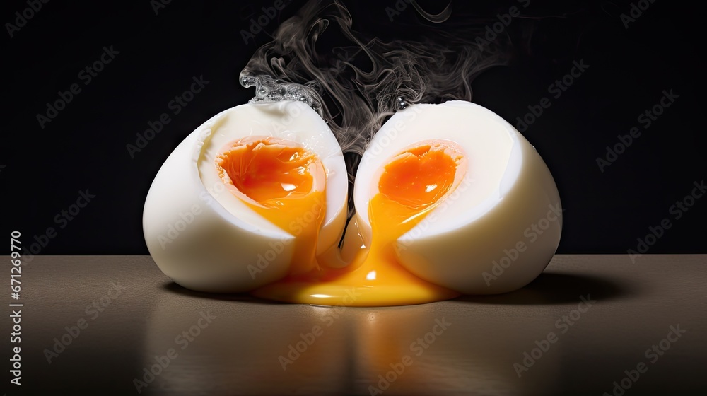  an egg with smoke coming out of it sitting on a table next to an egg with an egg yolk in it.  generative ai - obrazy, fototapety, plakaty 