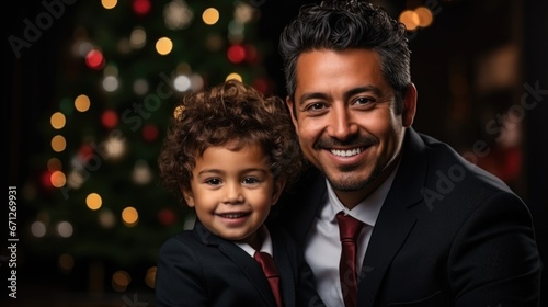 A father and son celebrate Christmas eve together at home.