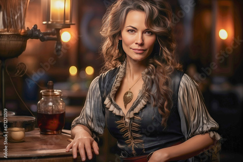 Portrait of a madame in a Wild West saloon  capturing the allure and mystery of the Old West brothel scene.