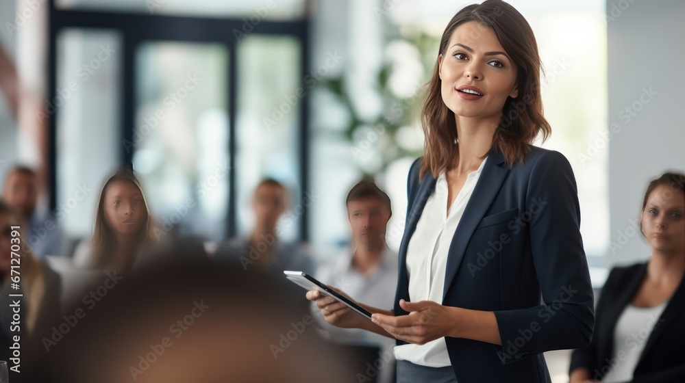 Confident white businesswoman delivering a corporate presentation at a seminar or conference. The image showcases her expertise and leadership skills in a professional setting generative ai - obrazy, fototapety, plakaty 