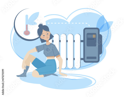 Sustainability and energy efficiency. Smiling girl sitting next to radiator and monitoring central heating meters to reduce electricity consumption and utility bills. Cartoon flat vector illustration