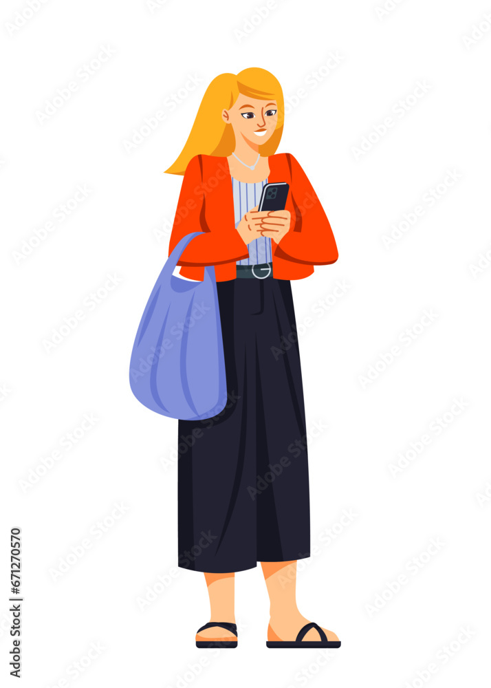 Person holding mobile phone. Smiling stylish woman uses smartphone for surfing internet, online chatting and communication. Character with device in hands. Cartoon flat vector isolated illustration Person holding mobile phone. Smiling stylish woman uses smartphone for surfing internet, online chatting and communication. Character with device in hands. Cartoon flat vector isolated illustration
