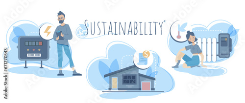Sustainability and energy efficiency illustration set. Characters monitor energy consumption using heating and electricity meters. Utility bill reduction. Cartoon flat vector isolated collection