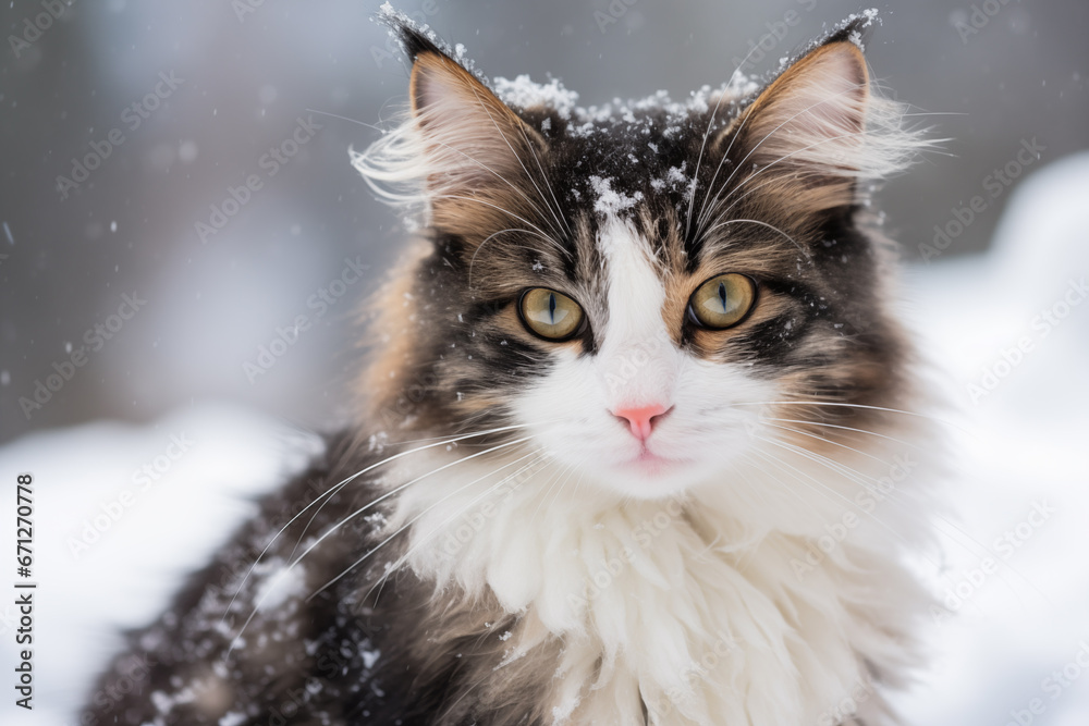 Close-up portrait of a cute cat outdoors on a snowy day in winter Close-up portrait of a cute cat outdoors on a snowy day in winter