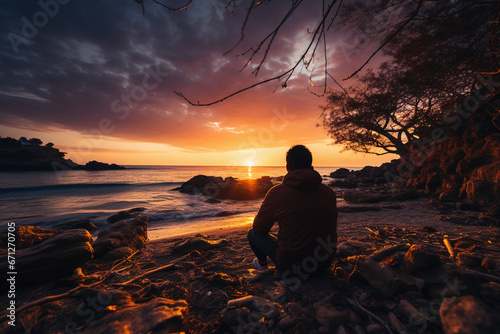 Photograph of a pensive traveler on a beach  watching the stunning spring sunset over the ocean. AI generative