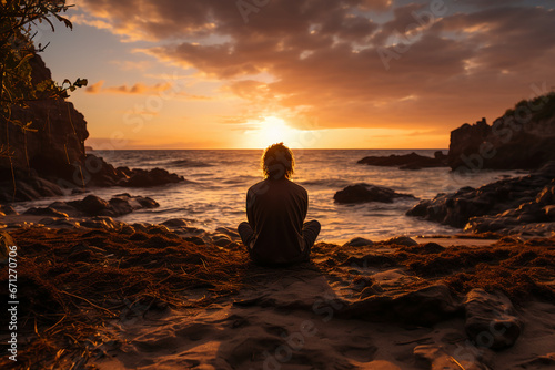 Photograph of a pensive traveler on a beach, watching the stunning spring sunset over the ocean. AI generative