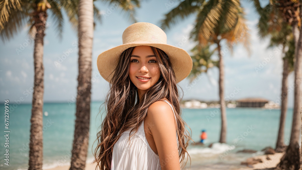 Portrait of a beautiful girl in a hat against the background of the sea