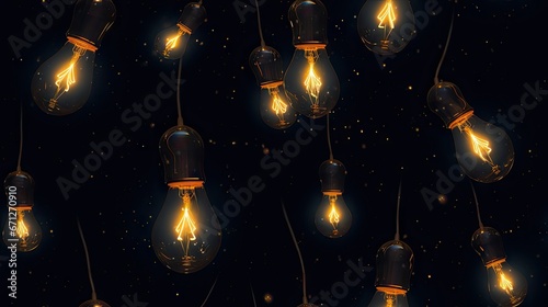  a bunch of light bulbs that are hanging from a wire on a dark background that has stars all over it. generative ai