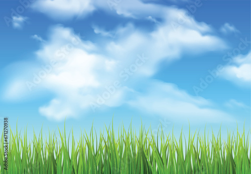 Blue sky with clouds ans grass, nature background. Vector illustrator.