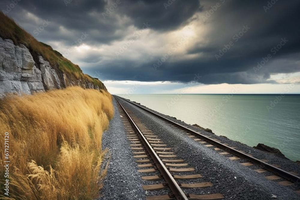 Shot of coastal railway under a dramatic stormy sky. AI generative Shot of coastal railway under a dramatic stormy sky. AI generative