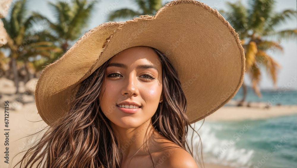 Portrait of a beautiful girl in a hat against the background of the sea