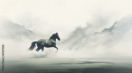  a painting of a horse running through a foggy field with a mountain in the backgroup in the distance. generative ai