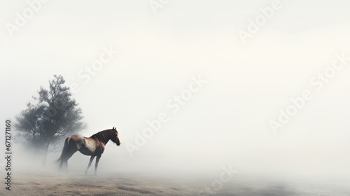  a horse standing in the middle of a field with a tree in the background on a foggy day in the country. generative ai