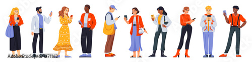 Set of people holding mobile phones. Men and women use smartphones for online communication, calling and photography. Modern devices and gadgets. Cartoon flat vector collection isolated on white