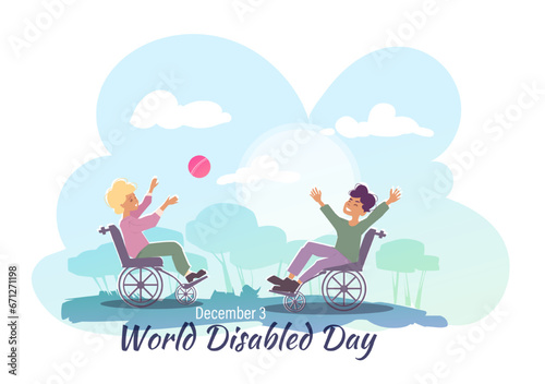 World Disabled Day. Cheerful happy children with disabilities in wheelchairs doing sports in park. Inclusion and barrier free environment. Cartoon flat vector illustration isolated on white background