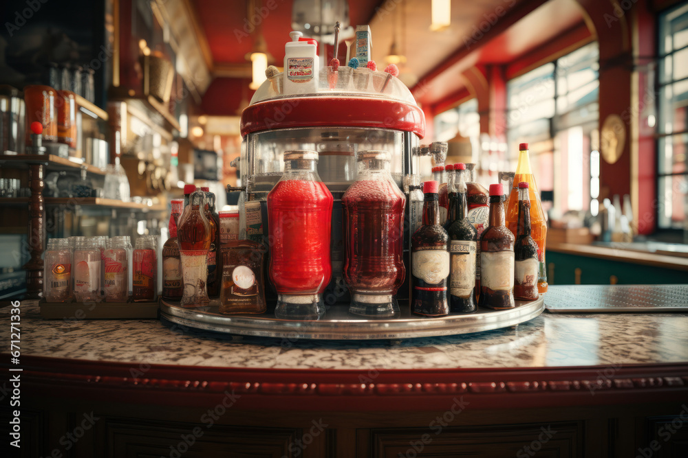A well-preserved soda fountain, complete with soda jerks and syrupy concoctions. Generative Ai.