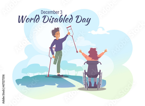 World Disabled Day. Cheerful characters with disabilities walk in park on wheelchair and crutches. Greeting card for December 3. Cartoon flat vector illustration isolated on white background