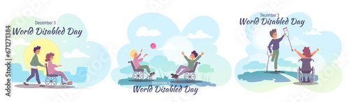 World Disabled Day illustration set. People with disabilities on wheelchairs in barrier free environment. December 3. Inclusion and support. Cartoon flat vector collection isolated on white background