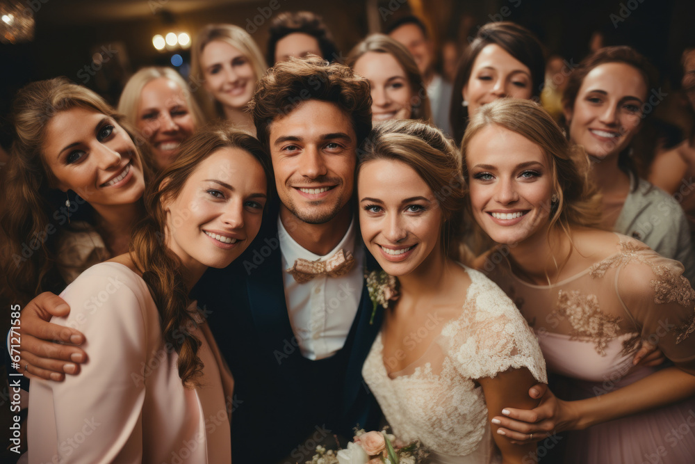 Obraz premium A couple surrounded by supportive friends and family on their wedding day. Generative Ai.