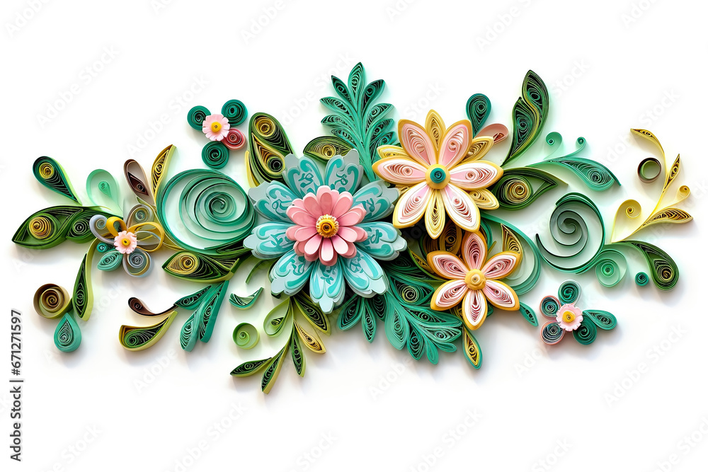 Abstract composition of paper flowers using quilling technique on a white background. - obrazy, fototapety, plakaty 