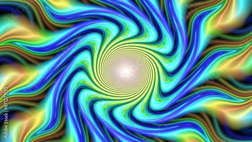 Continuous pulsation, heliciform motion of several layers of blue, green, yellow, orange liquid streaks, drips. Psychedelic metamorphoses of fractal curve lines making whirlpool. 4K UHD 4096x2304 photo