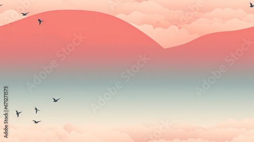  a flock of birds flying in the sky above a red and blue sky with a mountain range in the background. generative ai