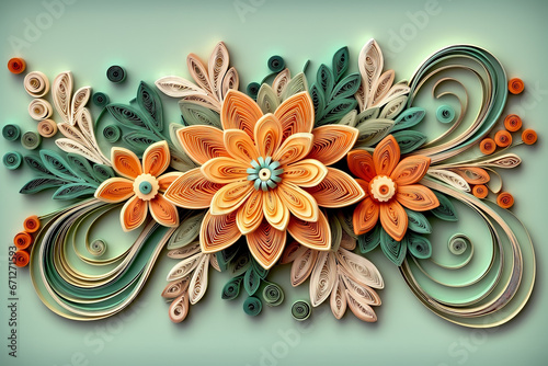 Abstract composition of paper flowers using quilling technique. photo