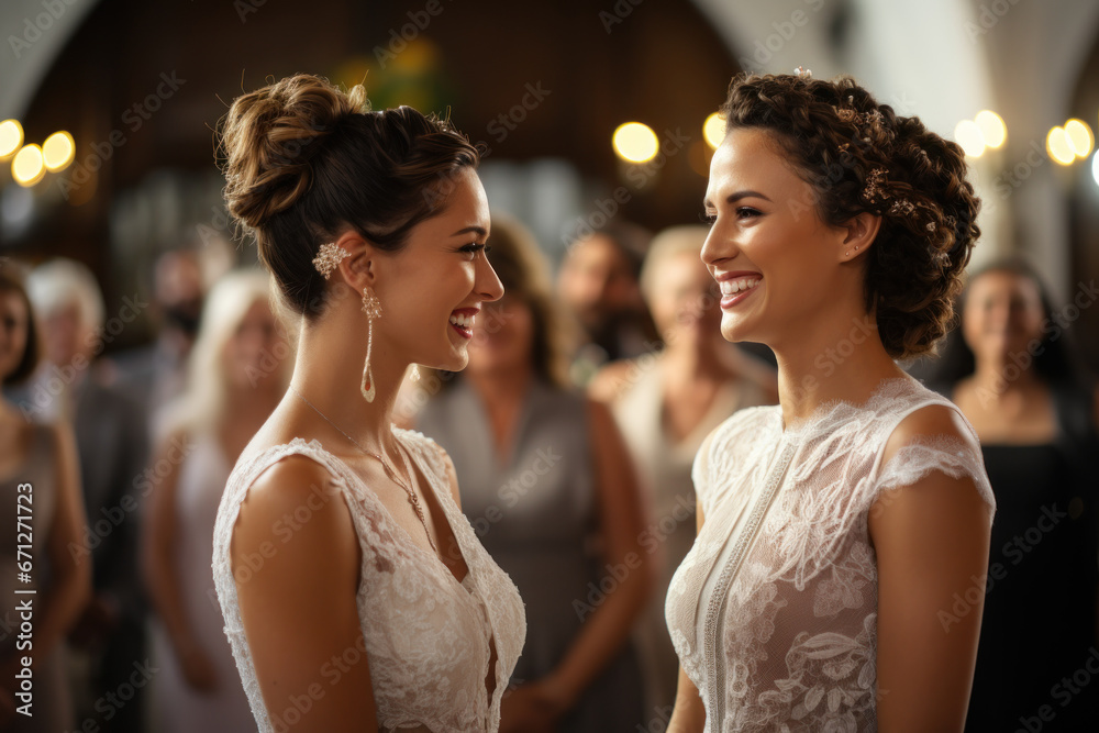 Naklejka premium A loving lesbian couple exchanging a heartfelt glance during their vows. Generative Ai.
