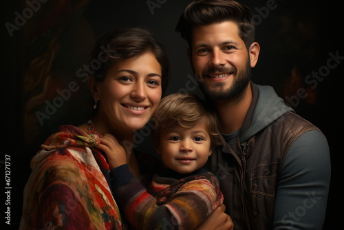 A married couple holding a family portrait with their adopted children. Generative Ai.