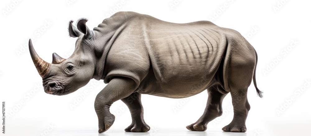 Fototapeta premium A rhino of a gray hue positioned against a backdrop of pure white