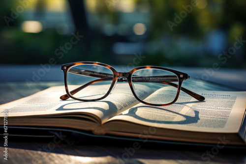 A pair of glasses next to a book, signifying the importance of vision and literacy. Generative Ai.