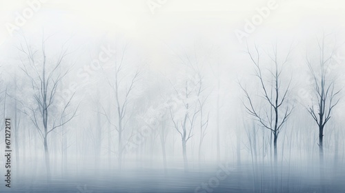  a painting of a foggy forest with trees in the foreground and a body of water in the foreground. generative ai