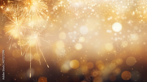 Gold fireworks and bokeh for New Year's Eve and copy space. Abstract holiday background