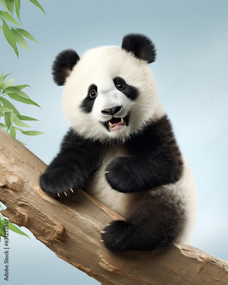 Obraz premium A cute little panda with leaves and plants on a clean background