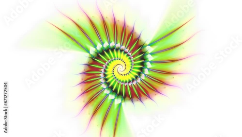 Abstract heliciform shape growing, diminishing, approaching, moving away, revolving. Colorful backdrop with curved elements motion. Fractal vivid form rotation around center on white. 4K UHD 4096x2304 photo
