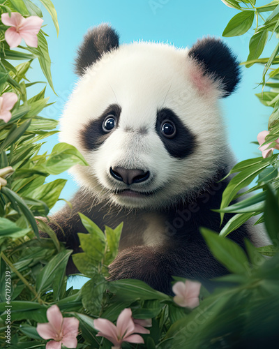 A cute little panda with leaves and plants on a clean background