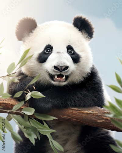 A cute little panda with leaves and plants on a clean background