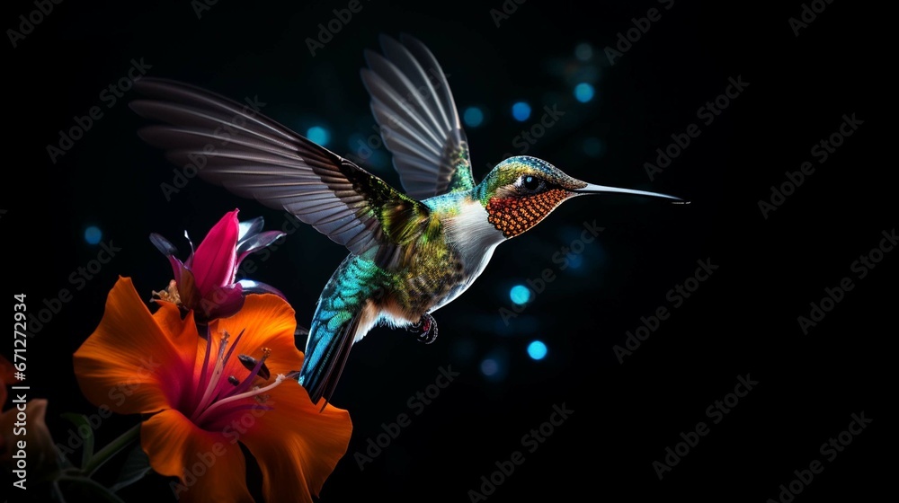 Photo a hummingbird kissing a colorful flower on a bright night