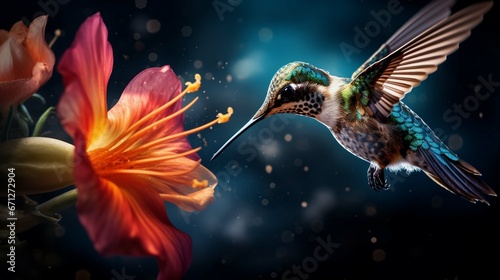Photo a hummingbird kissing a colorful flower on a bright night