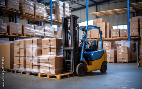 A forklift loads pallets and boxes in a warehouse